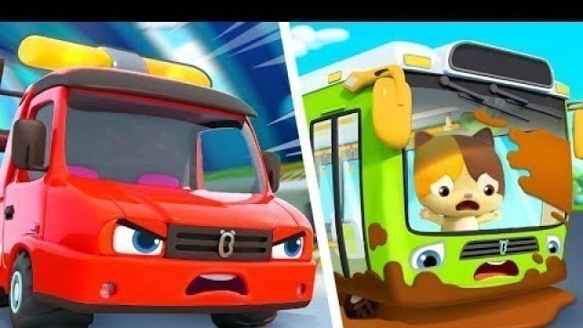 'Tow Truck Rescues Bus | Fire Truck, Monster Truck, Police Car | Kids Songs | Kids Cartoon | BabyBus'