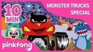 'T-Rex vs Monster Truck and more | +Compilation | Monster Trucks | Pinkfong Songs for Children'