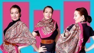 'How to wear a big silk square scarf 53”x 53”. Large silk shawl tutorial. Pavlovo Posad Russian Shawl'
