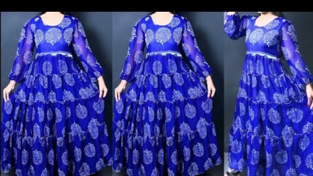 '3 layer frill kurti cutting and stitching|| kurti ki cutting|| frill kurti/frill frock/frill dress'