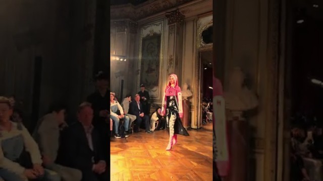 'beautiful girl wearing latex skir, pretty model,  Paris fashion show,'