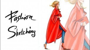 'Fashion sketching: Как нарисовать скетч красного пальто маркерами'