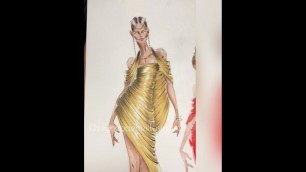 'Fashion sketch tutorial by ZEYNEP DENIZ-watercolor rendering/gold evening gown'