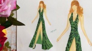 'Beautiful green dress design | fashion sketching step by step'