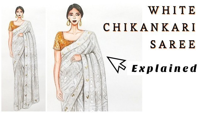 'How to draw a White Chikankari Saree | Chikankari embroidery | Saree | Fashion Illustration'