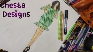 'Green Off Shoulder Beautifull Dress Sketching ||Chesta Designs||'