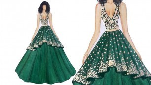 'Fashion illustration painting for beginners | green dress design'
