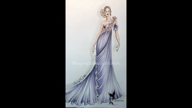 'Fashion sketch tutorial by ZEYNEP DENIZ- drapes/flowers/marker sketch'