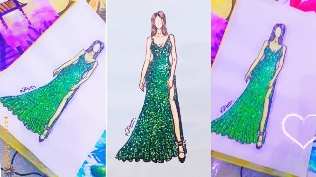 'deep green sequin dress illustration | fashion sketching'