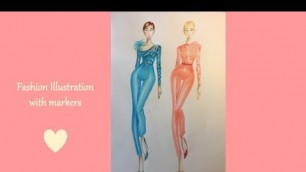 'Fashion illustration / Fashion sketching with markers / painting two Figures in  pantsuit'