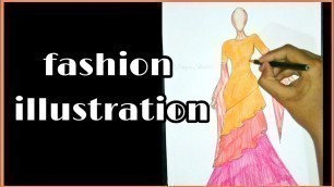 'Fashion illustration| Fashion designing| Fashion sketching | orange colour Indian gown sketching |'
