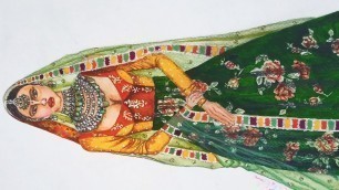 'fashion illustration / speed drawing of a traditional Indian girl in floral dress'