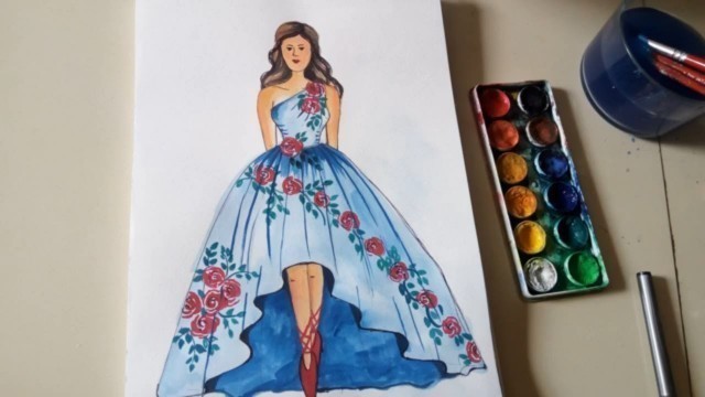 'Beautiful dress drawing for girls | Fashion illustration for beginners | watercolor painting'