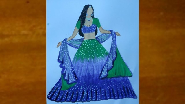 'Fashion illustration ideas for beginners।lehenga designs।acrylic colours।BD ART OP।blue green Bridal'
