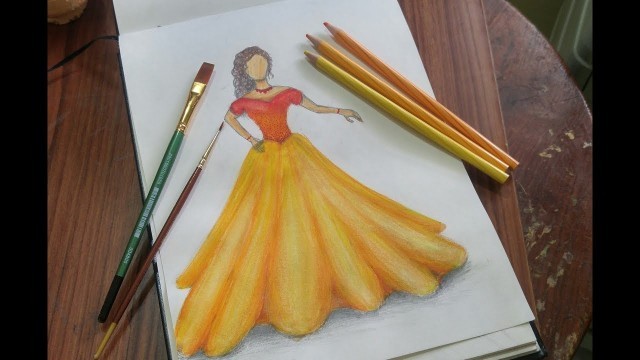 'Fashion Sketching - Orange Ball Dress - Water Colour Pencils'