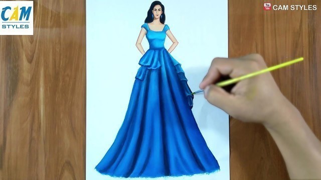 'Blue dress / Fashion illustration drawing / Fashion design Illustration'