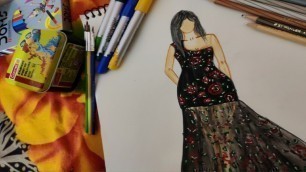 'Asymmetric Black floral dress sketching |fashion illustration| |chesta design|'
