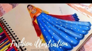 'How to draw a fashion illustration | Indian lehenga | water color rendering |Label  SangamithraM.R.'