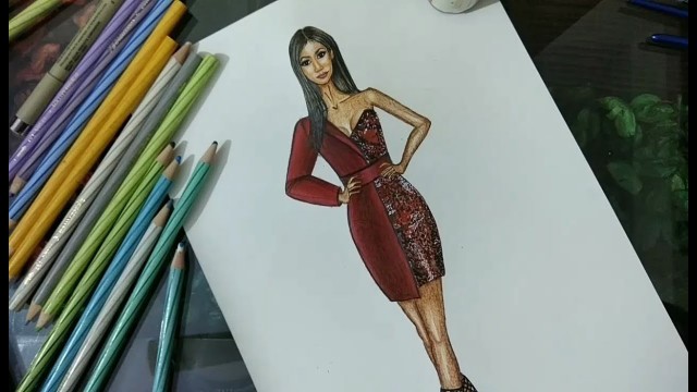 'How to Draw Sequin Dress | Rendering of Sequins Fabric | Fashion Illustration Tutorial'
