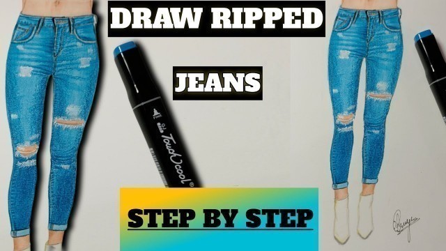 'How to draw Ripped Jeans || Draw Denim Step by Step || Fashion illustration'