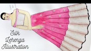 'Custom Silk Lehenga drawing | How to draw Lehenga fashion illustration | Swathi Art studio'